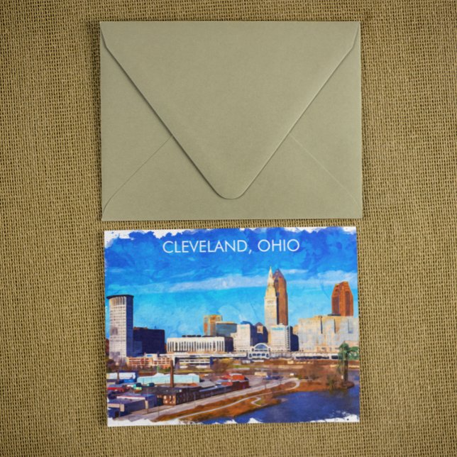 Cleveland Ohio Watercolor Skyline Postcard (cleveland ohio postcard)