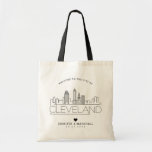 Cleveland, Ohio Wedding | Stylized Skyline Tote Bag<br><div class="desc">A unique wedding tote bag for a wedding taking place in the beautiful city of Cleveland,  Ohio.  This tote features a stylized illustration of the city's unique skyline with its name underneath.  This is followed by your wedding day information in a matching open lined style.</div>