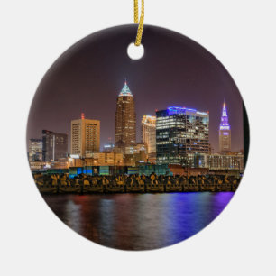 Cleveland Skyline at Night Ceramic Ornament