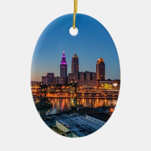 Cleveland Skyline at Sunset Ceramic Ornament (Front)