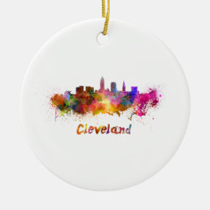 Cleveland skyline in watercolor ceramic ornament