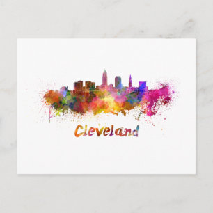 Cleveland skyline in watercolor postcard