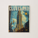 Cleveland Vintage Travel  Jigsaw Puzzle<br><div class="desc">Discover the iconic landmarks in Cleveland,  Ohio,  beautifully illustrated in a vintage travel poster style. This vector artwork features a muted color palette,  bold typography,  and classic design elements like street lamps and clouds.</div>