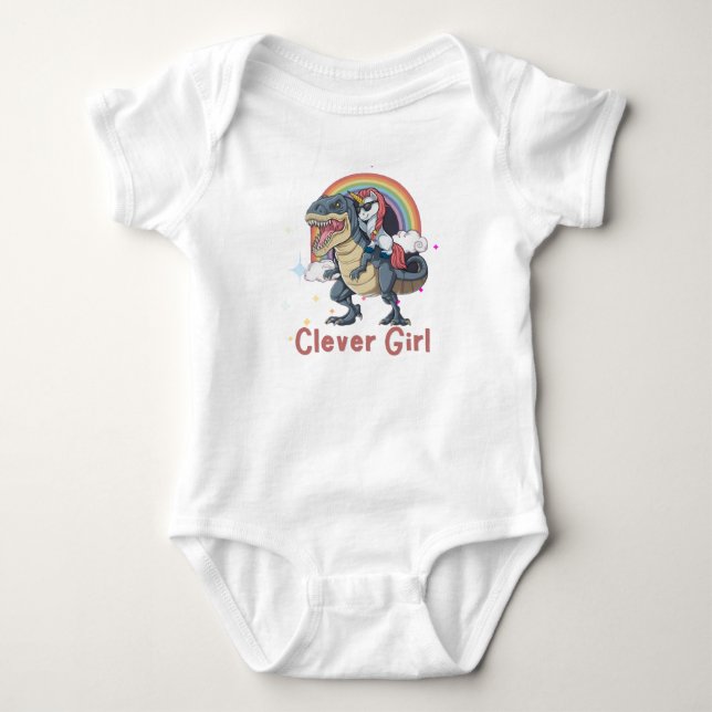 Clever Girl- Unicorn Riding Dinosaur Edition Baby Bodysuit (Front)