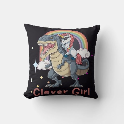 Clever Girl_ Unicorn Riding Dinosaur Edition Throw Pillow