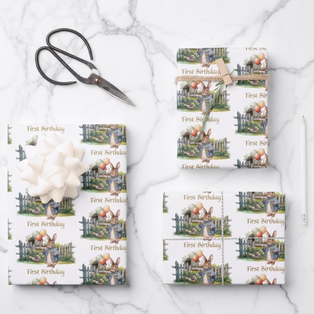 Clever rabbit with big tummy First Birthday Wrapping Paper Sheets (Front)