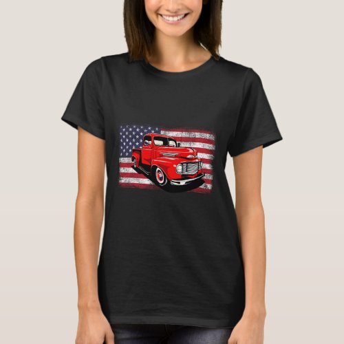 Clic Old Pickup Truck American Flag 4th Of July  T_Shirt