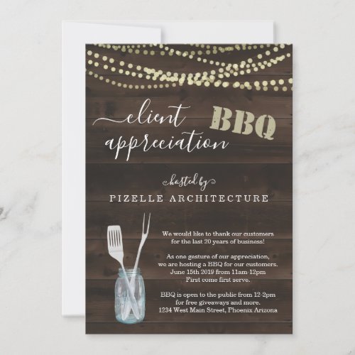 Client Appreciation Business BBQ Party Invitation - BBQ utensils and a mason jar depicting your wonderfully rustic BBQ celebration.