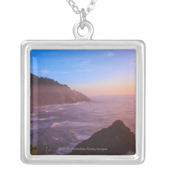 Cliff Coastal View In Oregon at Sunset Silver Plated Necklace (Front)