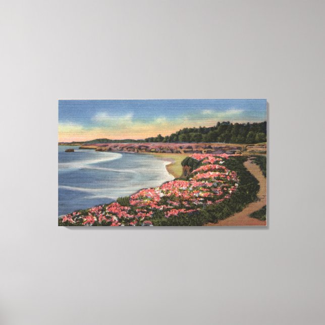 Cliff Drive View of Ocean, Beach, & Flowers Canvas Print (Front)