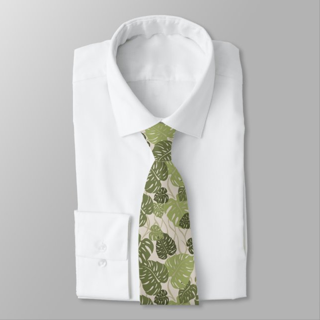 Cliff Hanger Hawaiian Monstera Leaf 2-sided Print Neck Tie (Tied)