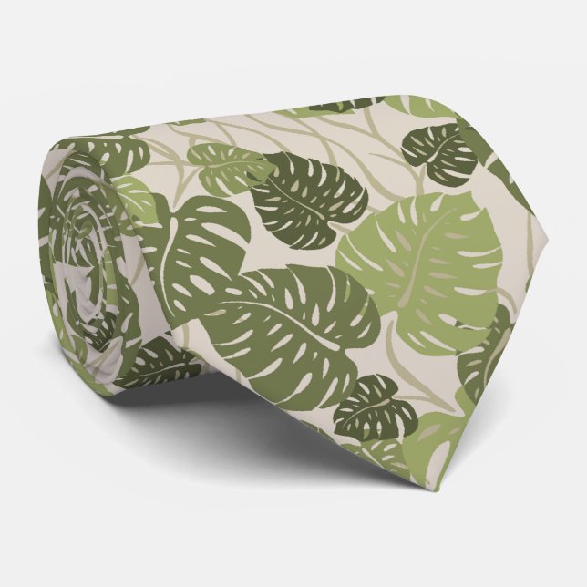 Cliff Hanger Hawaiian Monstera Leaf 2-sided Print Neck Tie (Rolled)