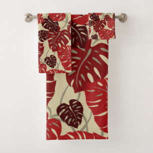 Cliff Hanger Hawaiian Monstera Leaf Coordinate Red Bath Towel Set