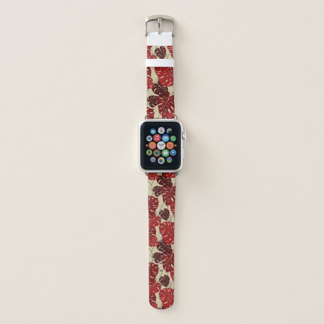 Cliff Hanger Hawaiian Monstera Leaf in Red Apple Watch Band (Front)