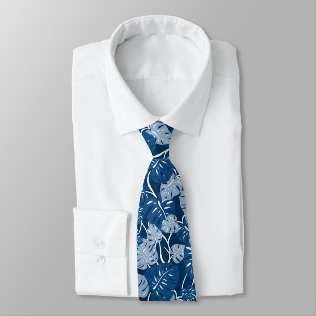 Cliff Hanger Hawaiian Monstera Leaf Indigo Blue Neck Tie (Tied)