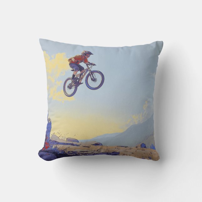 Cliff Jumping BMXer- BMX Rider Design Throw Pillow (Front)