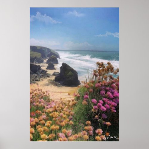 Cliff top view of beach with flowers poster