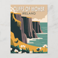 Cliffs of Moher Ireland Floral Travel Art Vintage