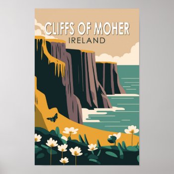 Cliffs Of Moher Ireland Floral Travel Art Vintage Poster by Kris_and_Friends at Zazzle