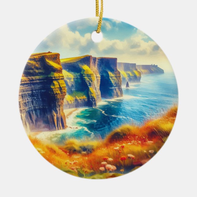 Cliffs of Moher Ireland Watercolor Ceramic Ornament (Front)