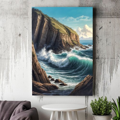 Cliffside Brown Blue Ocean Waves Seaside  Poster