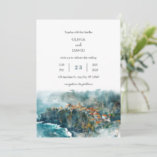 Cliffside Coastal Village Watercolor Beach Wedding Invitation