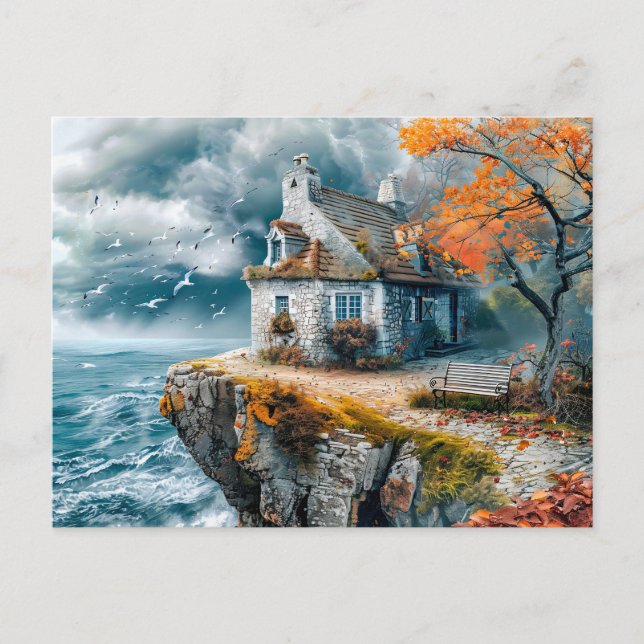 Cliffside Cottage Over Stormy Sea Postcard (Front)