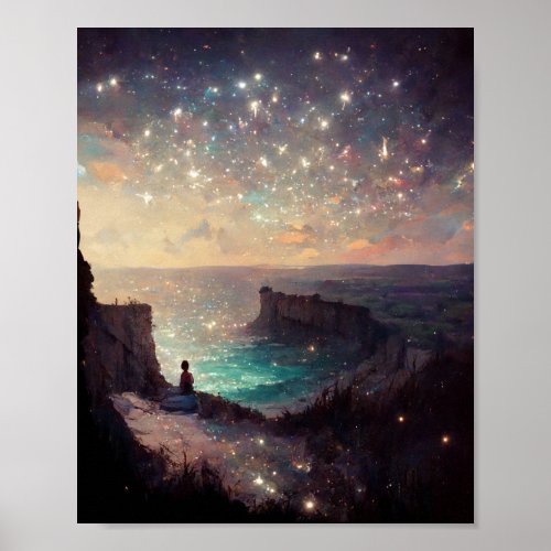 Cliffside Night Fantasy Landscape Sci_Fi Poster