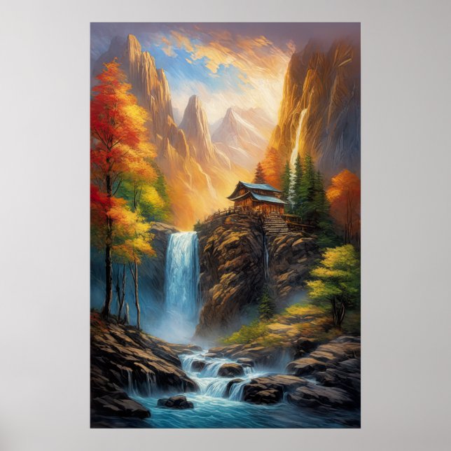 Clifftop Retreat: Wooden Cabin by the Waterfall Poster (Front)