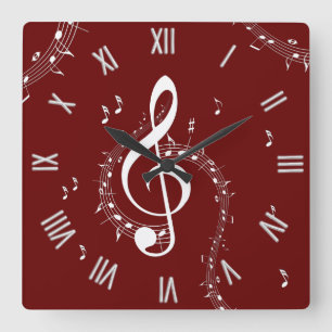 Climactic G Clef Music Red Roman Numerals Square Wall Clock