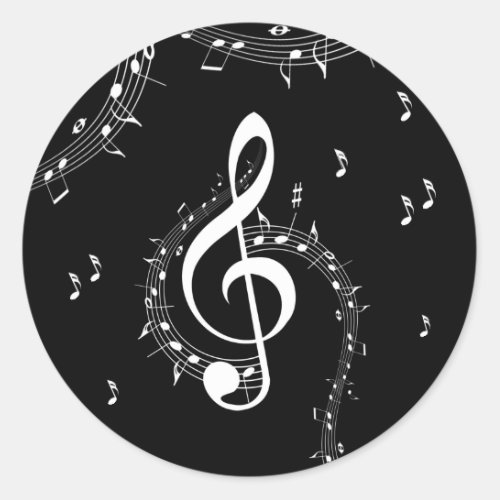 Climactic G Clef White Music on Black  Classic Round Sticker