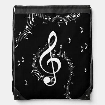 Climactic G Clef White Music On Black  Drawstring Bag by LwoodMusic at Zazzle