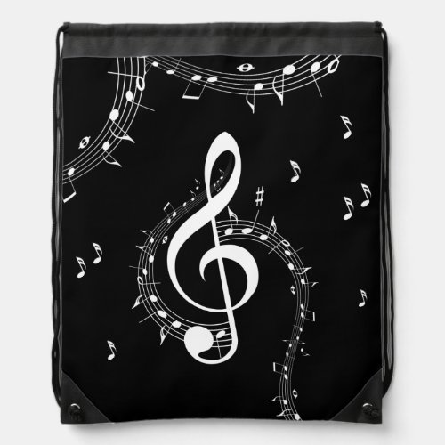 Climactic G Clef White Music on Black  Drawstring Bag
