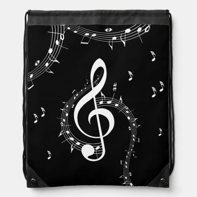 Climactic G Clef White Music on Black  Drawstring Bag (Front)