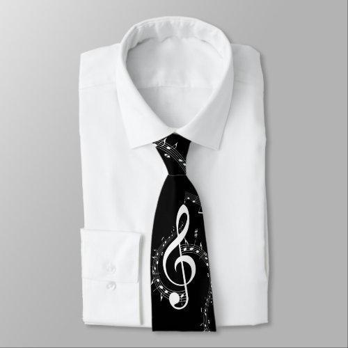 Climactic G Clef White Music on Black  Neck Tie