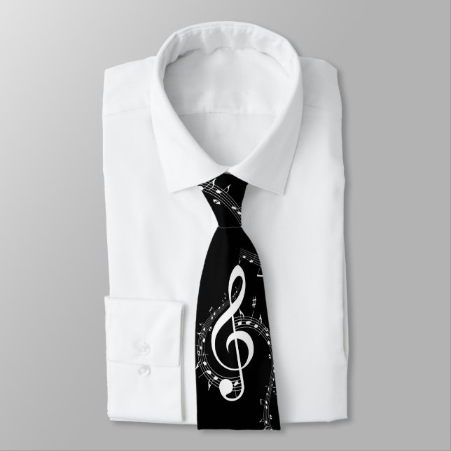 Climactic G Clef White Music on Black  Neck Tie (Tied)