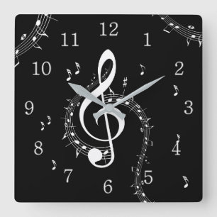 Climactic G Clef White Music on Black Square Wall Clock