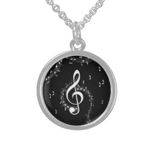 Climactic G Clef White Music on Black  Sterling Silver Necklace