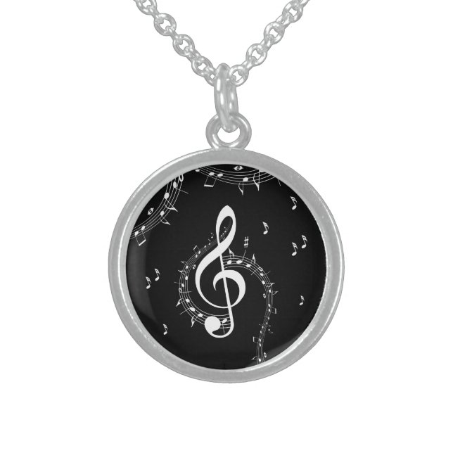 Climactic G Clef White Music on Black  Sterling Silver Necklace (Front)