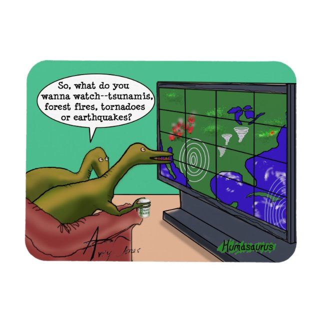 Climate Change Dinosaurs Parody Cartoon Magnet (Horizontal)