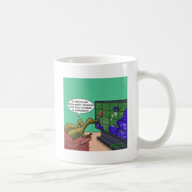 Climate Change Dinosaurs Parody Humans Dark Humor Coffee Mug (Right)