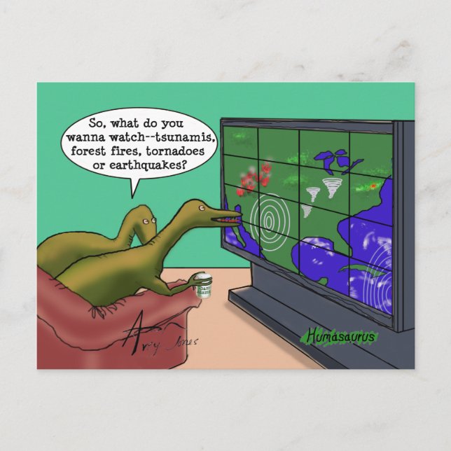 Climate Change Dinosaurs Watch Weather TV Cartoon Postcard (Front)
