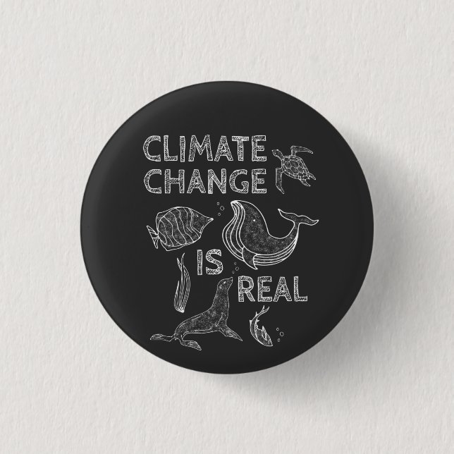 Climate Change Is Real Sea Animal Drawing Button (Front)