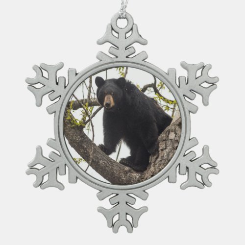 Climbing Black Bear Snowflake Pewter Christmas Ornament