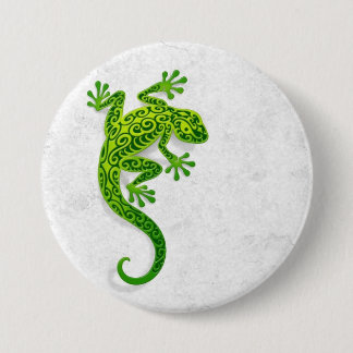 Climbing Green Gecko on a White Wall Button