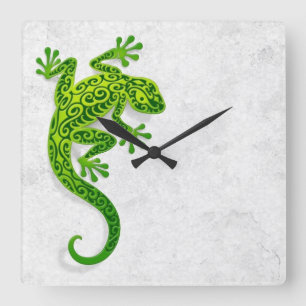Climbing Green Gecko on a White Wall Square Wall Clock