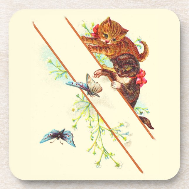 climbing kittens and butterflies beverage coaster (Front)