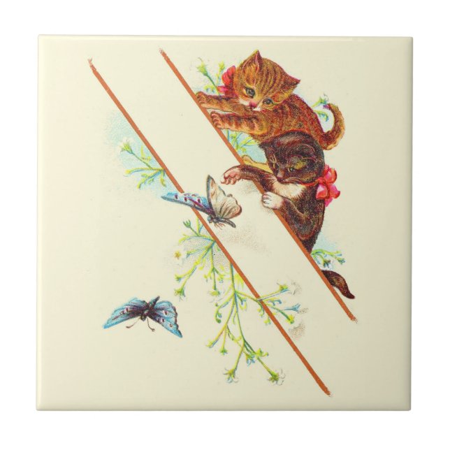 climbing kittens and butterflies ceramic tile (Front)