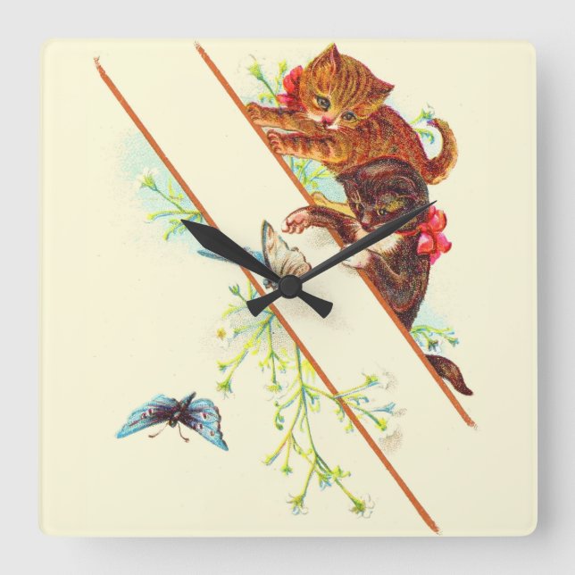 climbing kittens and butterflies square wall clock (Front)