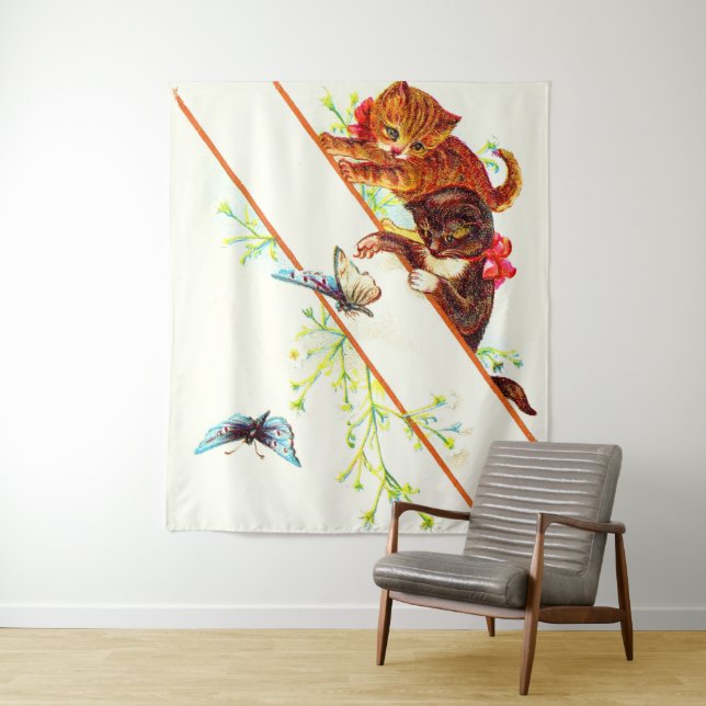 climbing kittens and butterflies tapestry (In Situ)